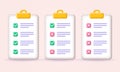 3d checklist icon set. Check list on clipboard with tick and cross marks. Task, document, paper or test concept. Royalty Free Stock Photo